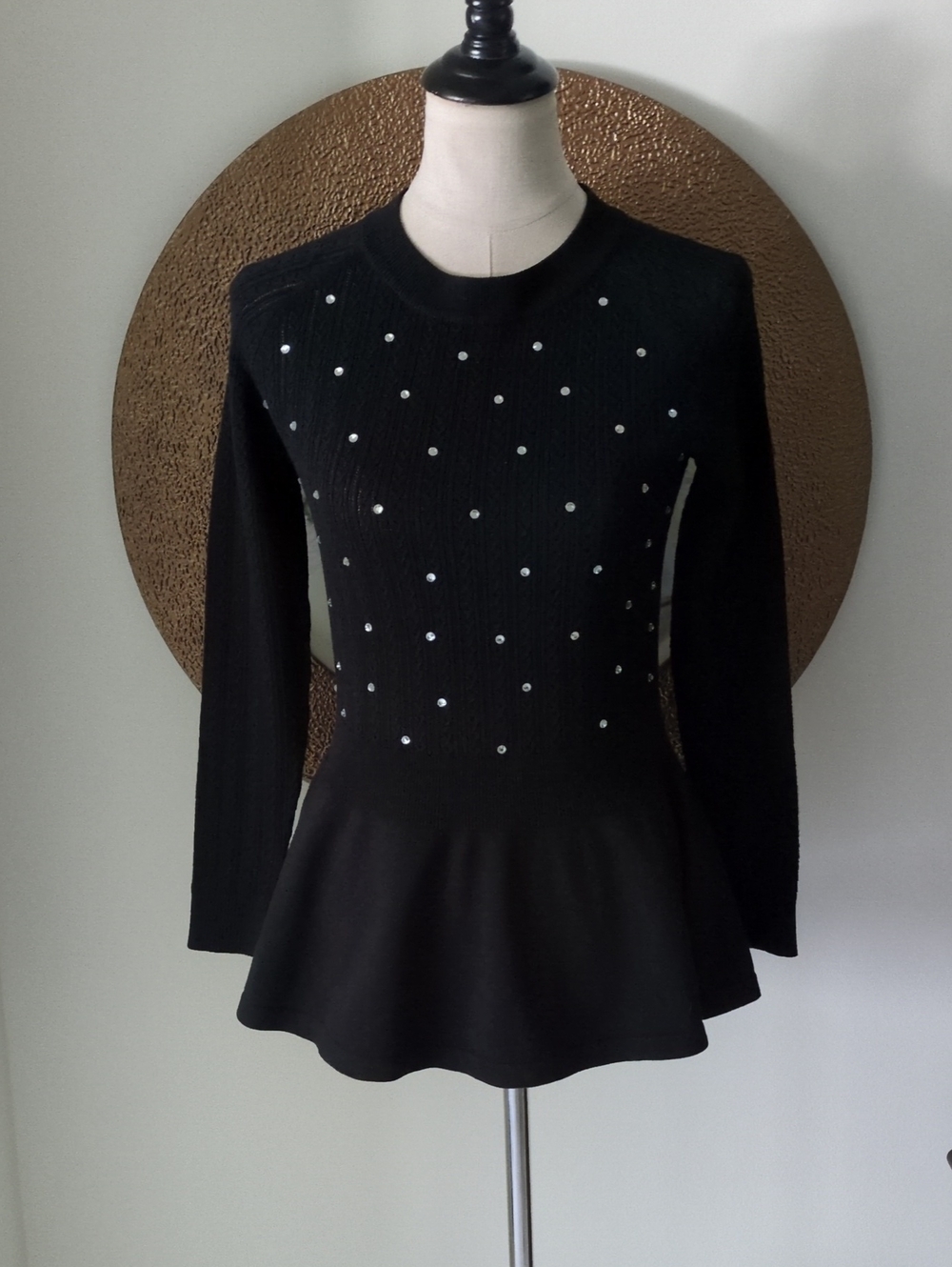 Black Peplum Sweater with Embellished Front